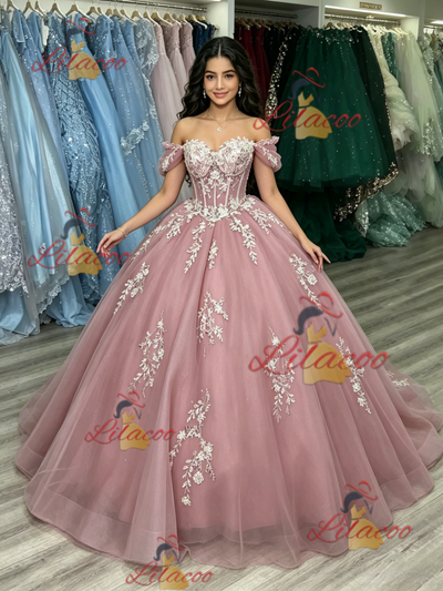 Pink Tulle Off the Shoulder Appliques Quinceanera Dress