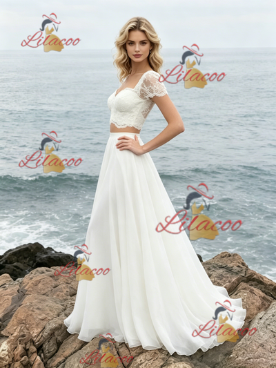 White Two Piece Lace Short Sleeve Wedding Dress