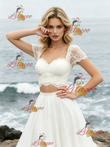 White Two Piece Lace Short Sleeve Wedding Dress