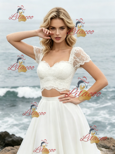 White Two Piece Lace Short Sleeve Wedding Dress