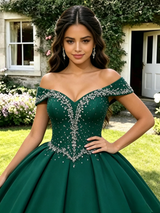 Green Off the Shoulder Beading Quinceanera Dress