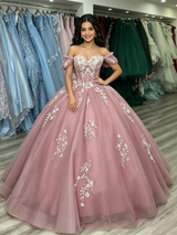 Pink Tulle Off the Shoulder Appliques Quinceanera Dress