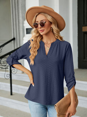 Solid Color V-neck Button Loose T-shirt