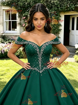 Green Off the Shoulder Beading Quinceanera Dress