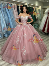 Pink Tulle Off the Shoulder Appliques Quinceanera Dress
