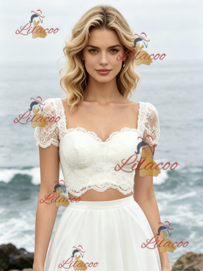 White Two Piece Lace Short Sleeve Wedding Dress