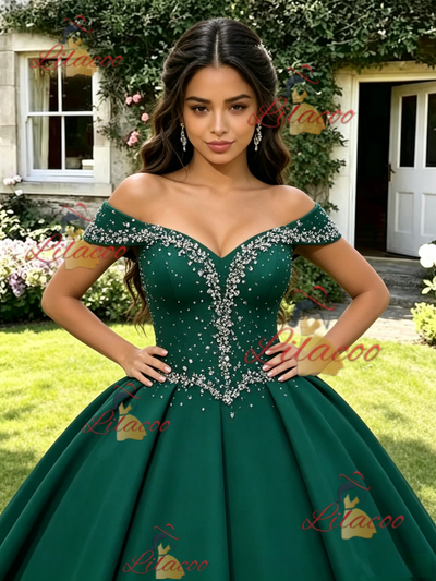 Green Off the Shoulder Beading Quinceanera Dress