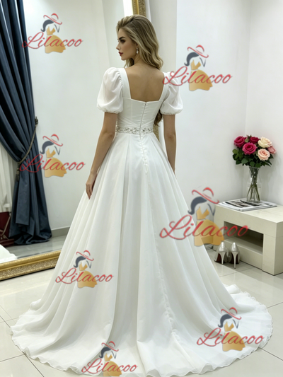 White Puff Sleeve Square Neck Wedding Dress