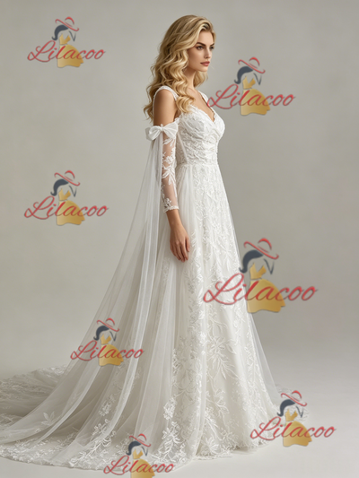 White Tulle Lace Appliques Straps Wedding Dress