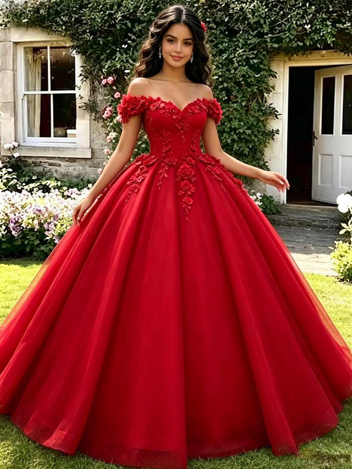 Red Off the Shoulder Appliques Quinceanera Dress
