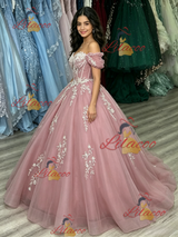 Pink Tulle Off the Shoulder Appliques Quinceanera Dress
