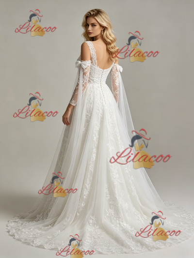 White Tulle Lace Appliques Straps Wedding Dress
