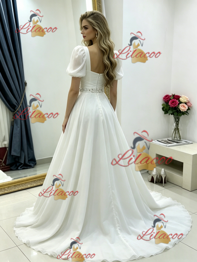 White Puff Sleeve Square Neck Wedding Dress
