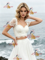 White Two Piece Lace Short Sleeve Wedding Dress