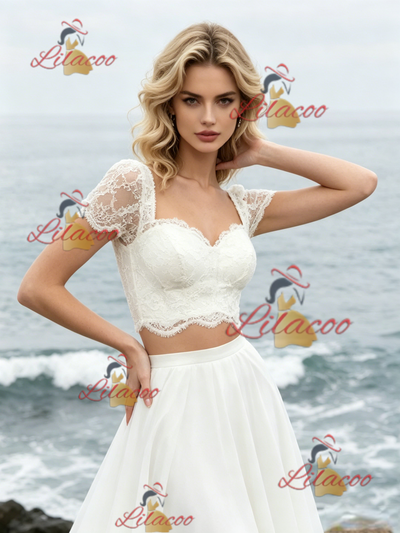 White Two Piece Lace Short Sleeve Wedding Dress