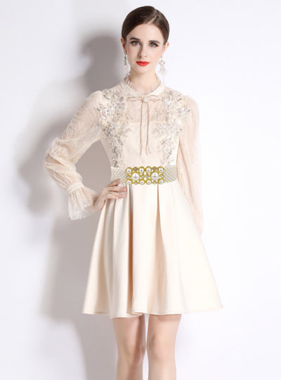 Embroidery Heavy Lace Long-sleeved Beaded Dress