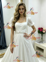 White Puff Sleeve Square Neck Wedding Dress