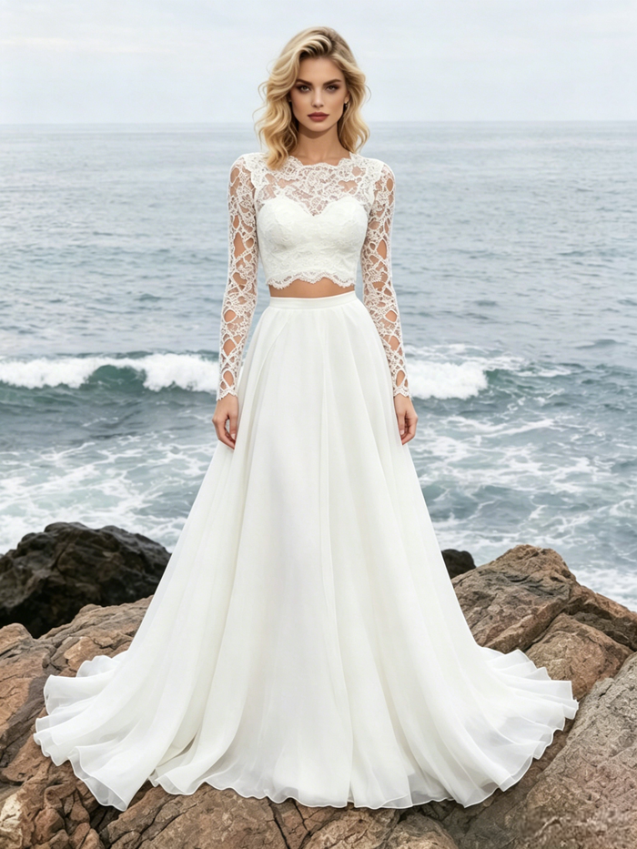 White Lace Two Piece Long Sleeve Wedding Dress