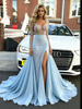 Blue Sequins Long Sleeve Split Prom Dress
