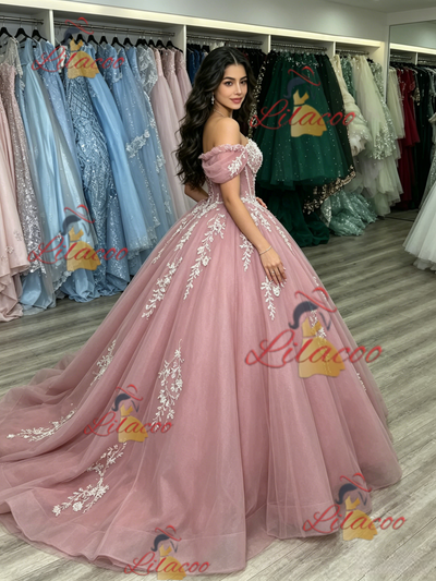 Pink Tulle Off the Shoulder Appliques Quinceanera Dress