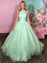 Green Tulle Halter Backless Prom Dress