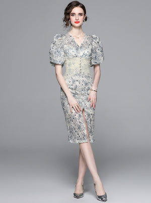 Bubble Sleeve V-neck Floral Dress