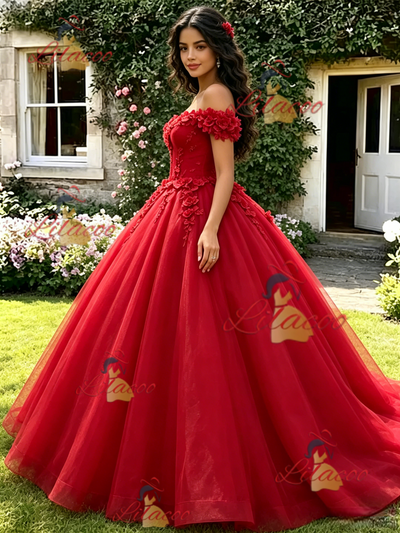 Red Off the Shoulder Appliques Quinceanera Dress