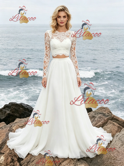 White Lace Two Piece Long Sleeve Wedding Dress