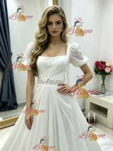 White Puff Sleeve Square Neck Wedding Dress