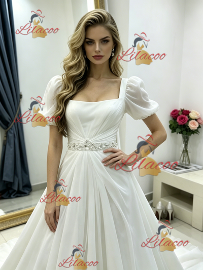 White Puff Sleeve Square Neck Wedding Dress