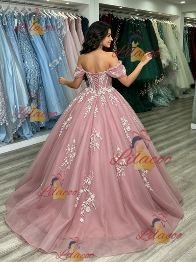 Pink Tulle Off the Shoulder Appliques Quinceanera Dress