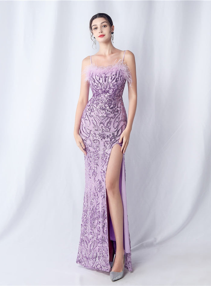 Sequins Mermaid Straps Feather Prom Dress