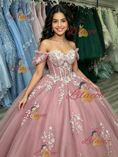 Pink Tulle Off the Shoulder Appliques Quinceanera Dress
