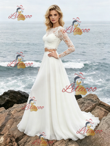 White Lace Two Piece Long Sleeve Wedding Dress