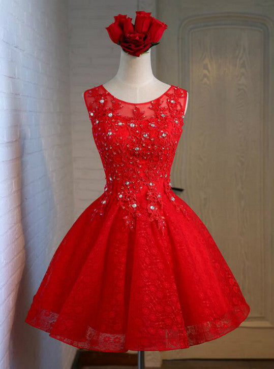 Red Lace Beading Homecoming Dress