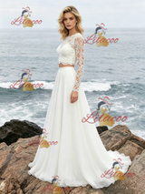White Lace Two Piece Long Sleeve Wedding Dress