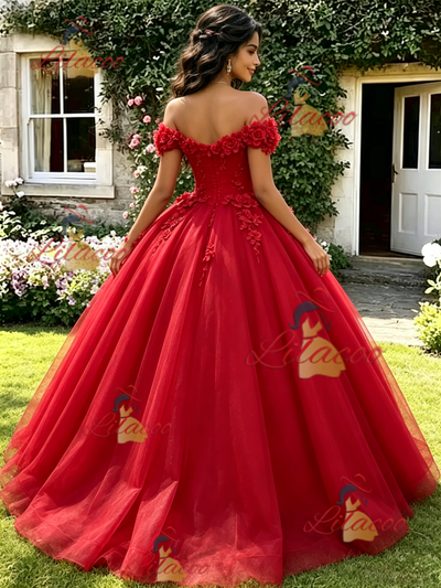 Red Off the Shoulder Appliques Quinceanera Dress