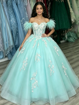Blue Tulle Off the Shoulder Appliques Quinceanera Dress