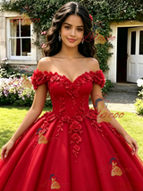 Red Off the Shoulder Appliques Quinceanera Dress
