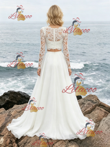 White Lace Two Piece Long Sleeve Wedding Dress
