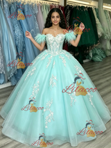 Blue Tulle Off the Shoulder Appliques Quinceanera Dress