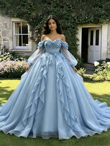 Blue Tulle Long Sleeve Appliques Quinceanera Dress