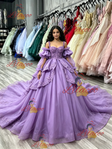 Purple Tulle Straps Long Sleeve Quinceanera Dress