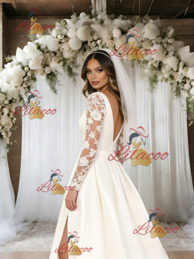 White Satin Long Sleeve V-neck Wedding Dress