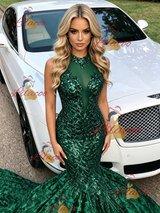 Green Mermaid Sequins Halter Prom Dress