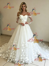 White Tulle Long Sleeve Butterfly Wedding Dress