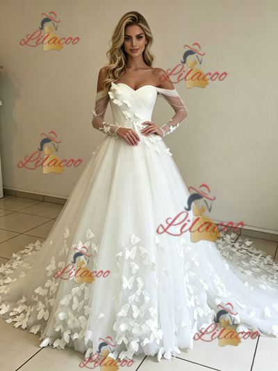 White Tulle Long Sleeve Butterfly Wedding Dress
