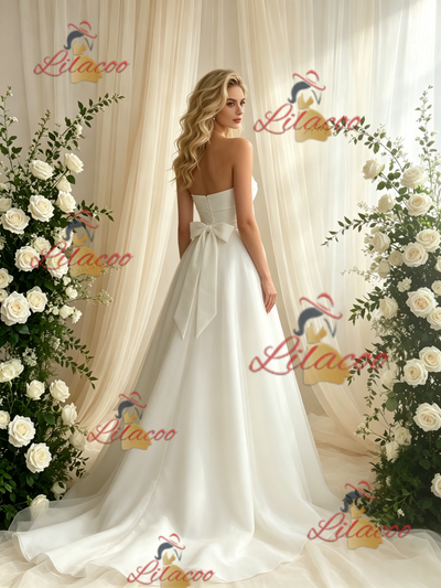 White Tulle Strapless Bow Wedding Dress
