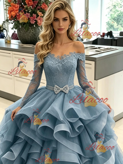 Blue Off the Shoulder Long Sleeve Prom Dress
