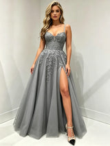 Gray Tulle Straps Appliques Prom Dress